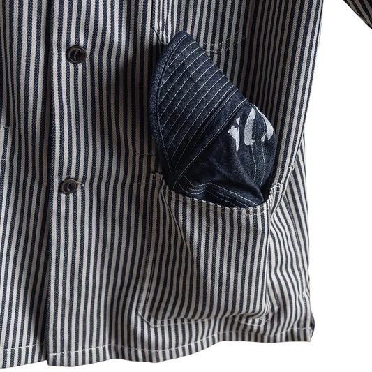 Rugged Hickory Stripe Short Sleeve Shirt Vintage Collarless Workshirt For Men