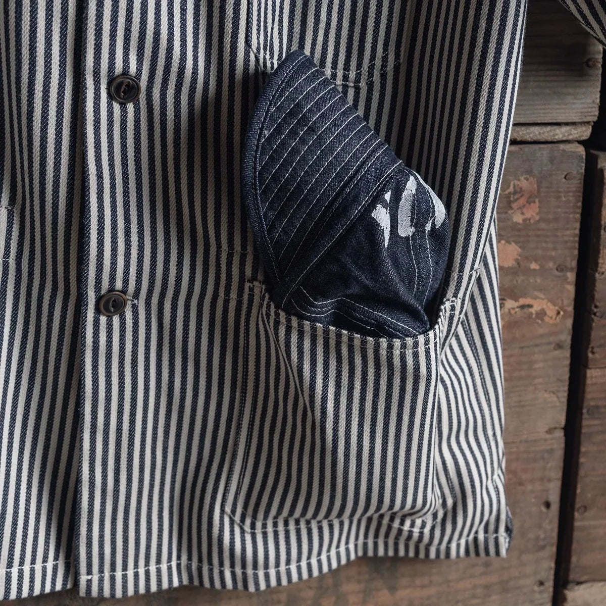 Rugged Hickory Stripe Short Sleeve Shirt Vintage Collarless Workshirt For Men