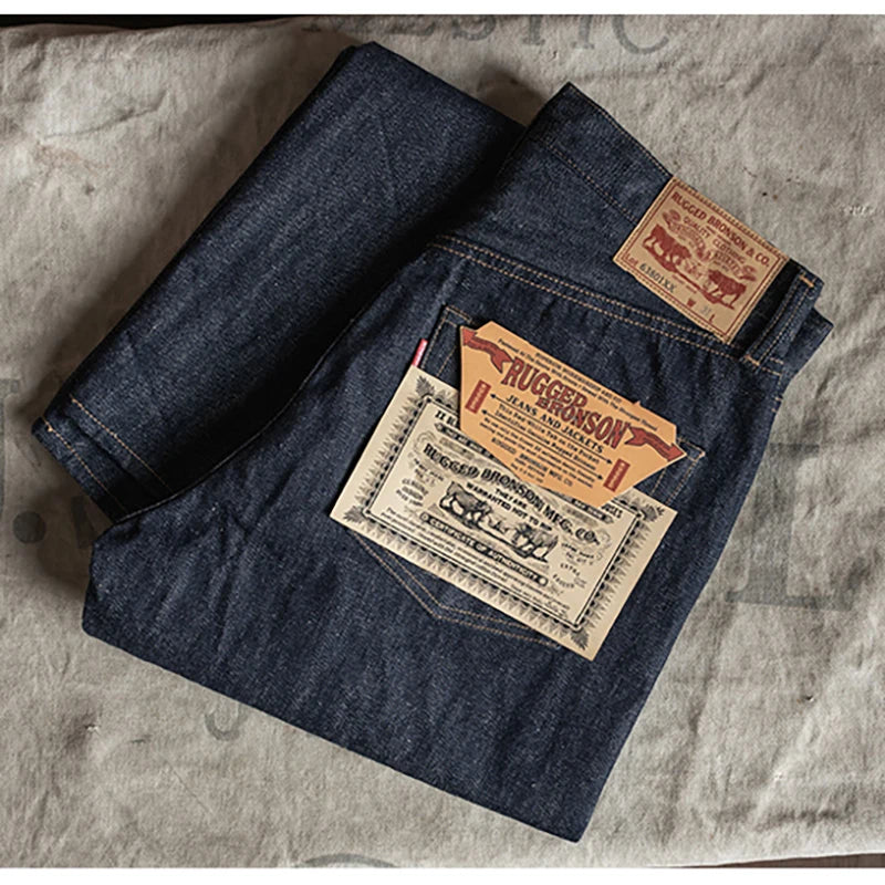Raw Selvedge Denim Jeans Indigo Straight Leg Slightly Cropped Fit Men's Trousers