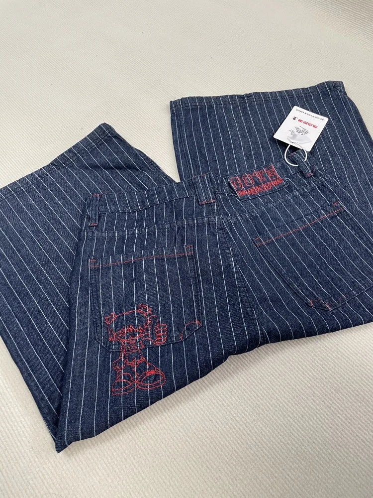 Women's Light Blue Wabash Calf Length Cargo Jeans Baggy Denim Japanese Oversize Jean Pants Vintage Clothes