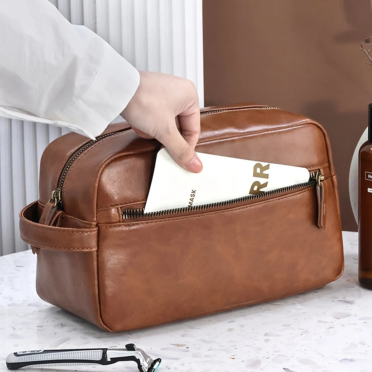 Men Travel Toiletry Bag Waterproof Leather Shaving Kit Organizer