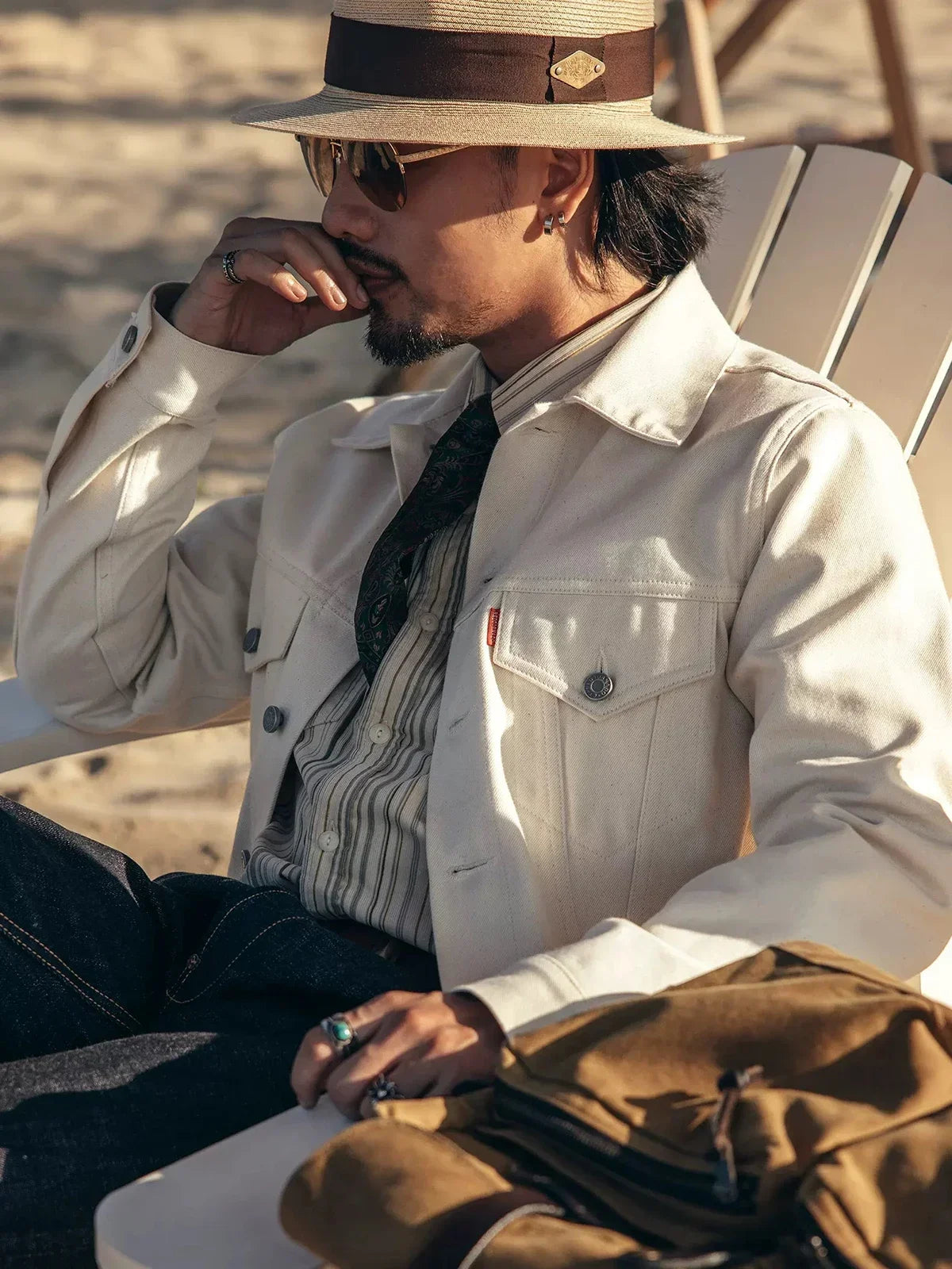 Trucker Jacket White Selvedge Denim Short Mens Outerwear Slim Fit