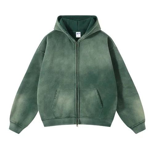 Distressed Tie Dye Gradient Zip Up Hoodie