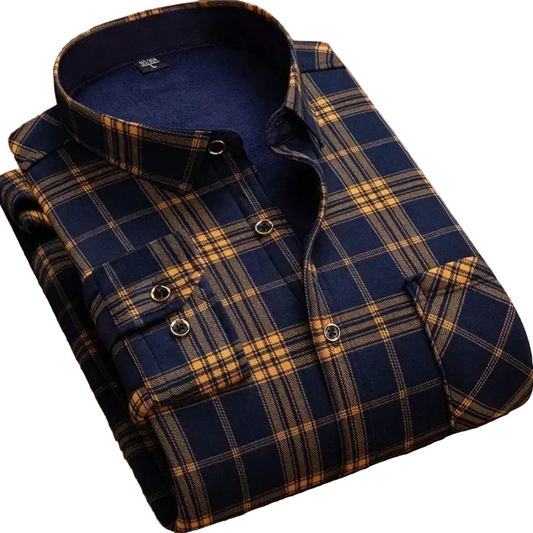 Men's Long Sleeve Plaid Shirts Flannel Fur Lined Thick Formal Shirts Fleece Casual Shirt