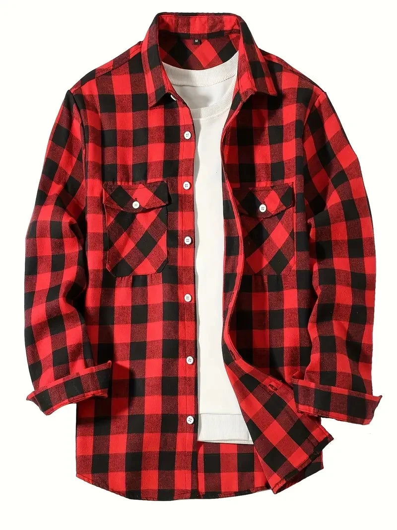 Cotton Long Sleeve Men's Shirt Brushed Plaid Flannel Lumberjack Shirts