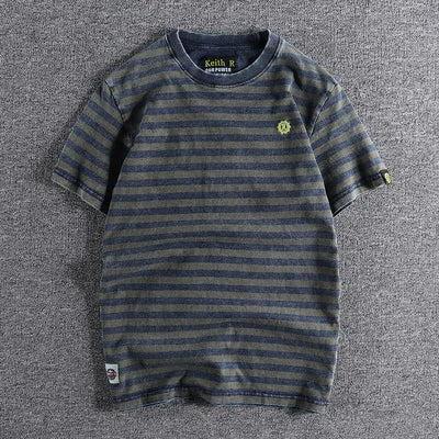 Japanese Retro Striped Cotton T Shirt For Men Slim Fit Round Neck Casual