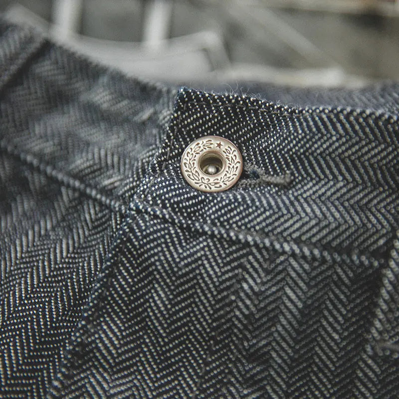 12.8oz Herringbone Grey Striped Denim Jeans Straight Fit