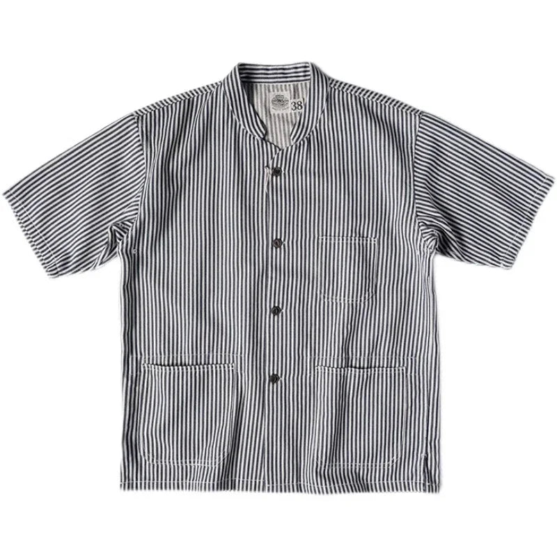 Rugged Hickory Stripe Short Sleeve Shirt Vintage Collarless Workshirt For Men