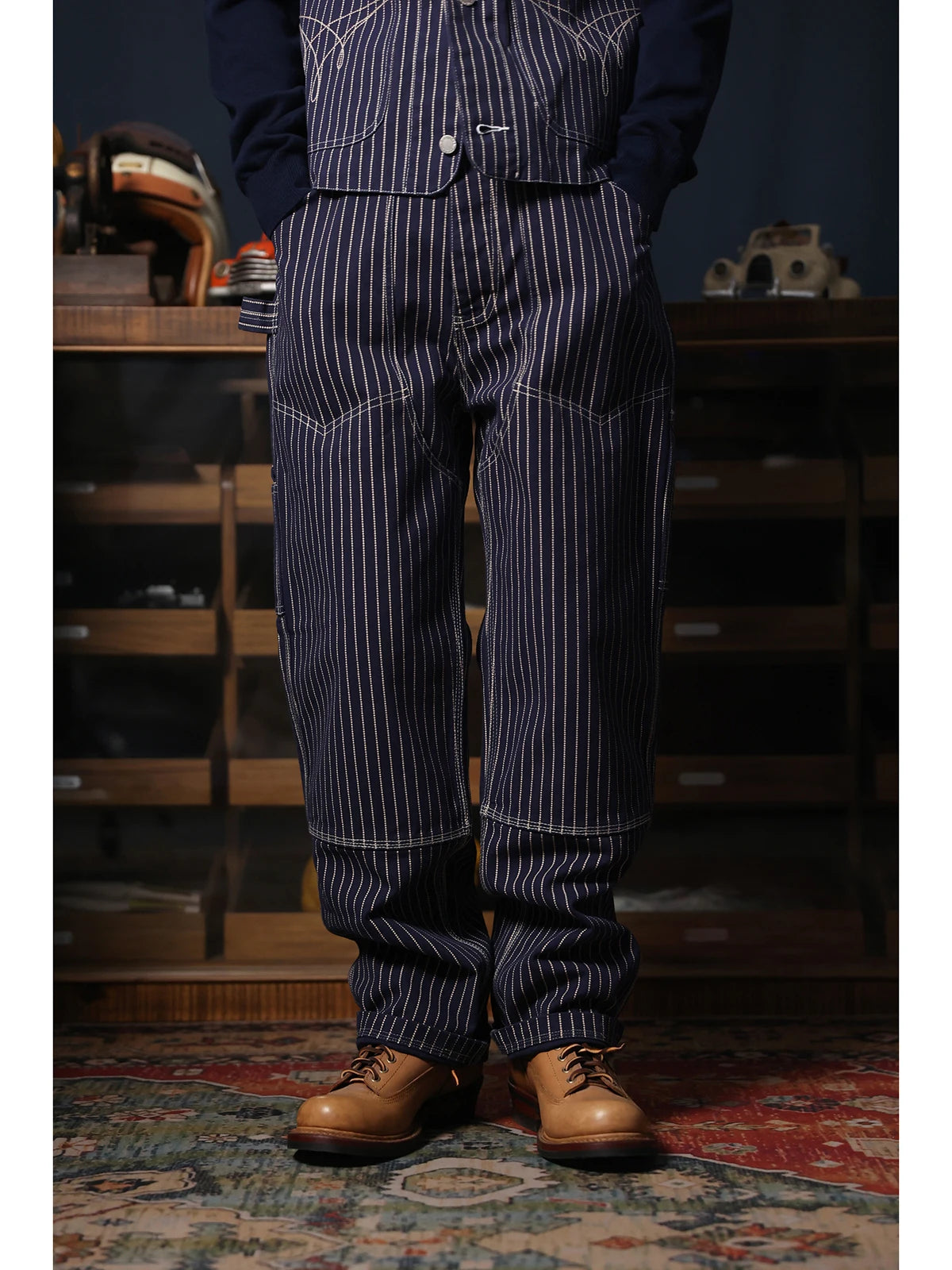 Carpenter Pants Vintage Men's Wabash Stripes Denim Multi-Pocket Painter Work Trousers