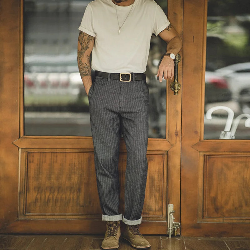 12.8oz Herringbone Grey Striped Denim Jeans Straight Fit