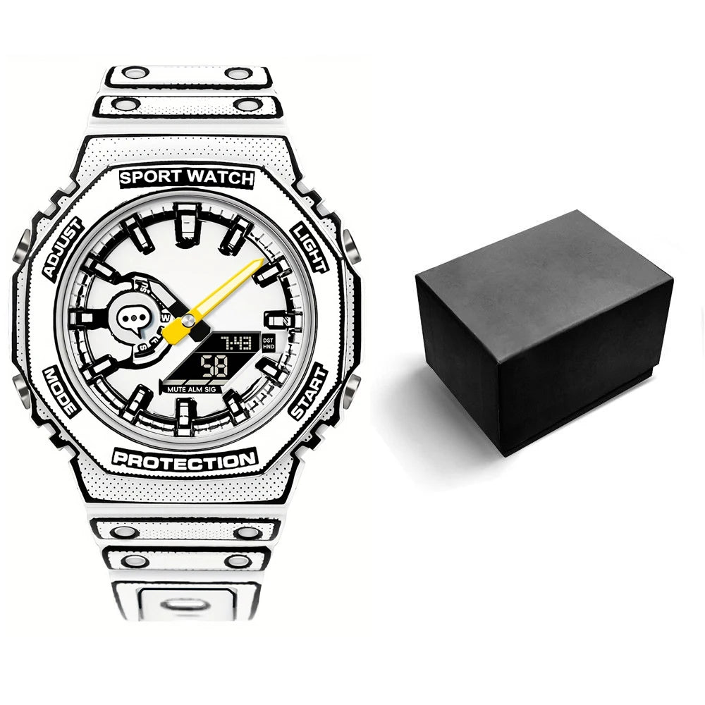 Sketch Style Outline Comic Book Sport Watch - Digital Sports Electronic Watch with Dual Displays and Full Function LED Time