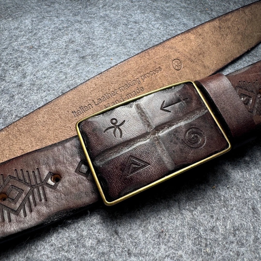 Men's Vintage Genuine Leather Belt - Copper Horseshoe Buckle - Thick Cowhide