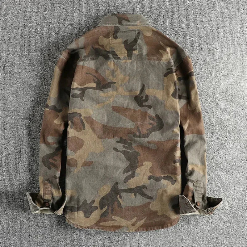 Vintage Khaki Camouflage Shirt Jacket For Men With Pocket Design
