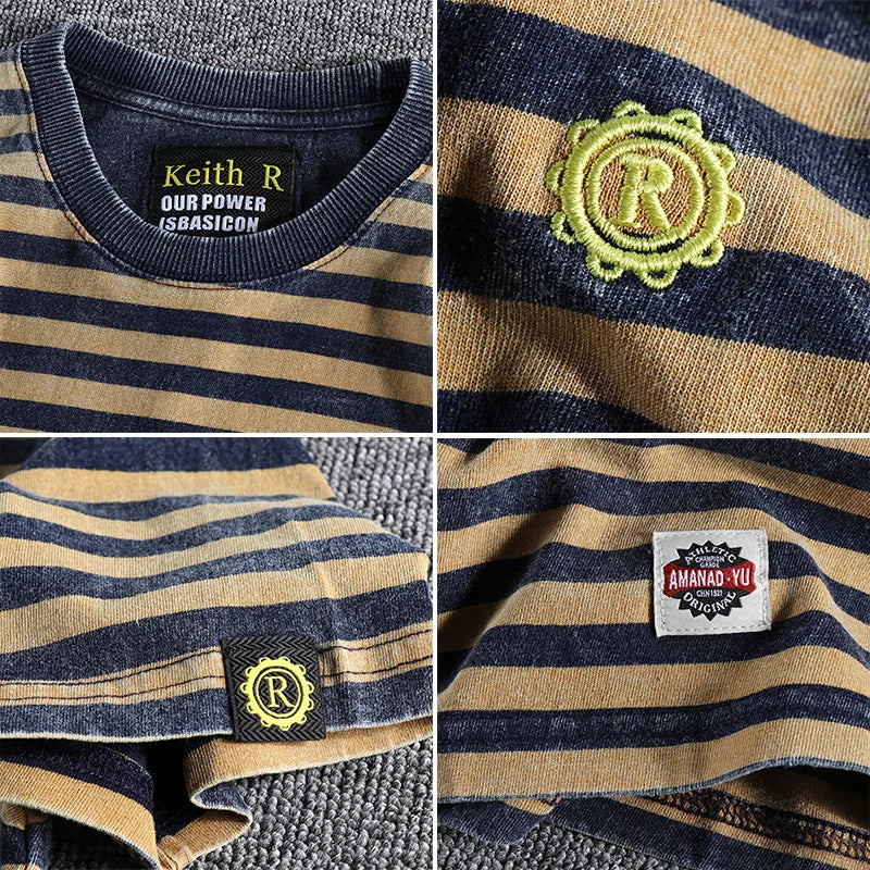 Japanese Retro Striped Cotton T Shirt For Men Slim Fit Round Neck Casual