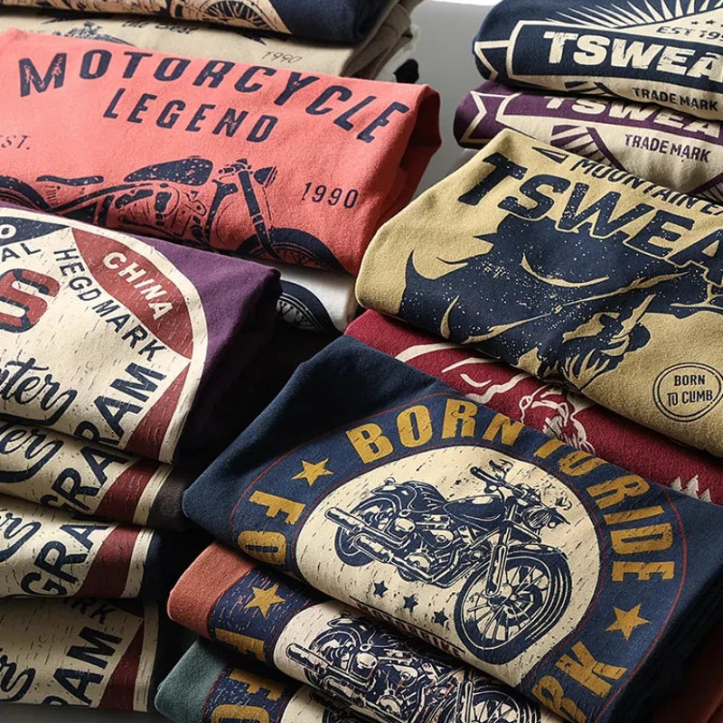 100% Cotton Heavy Vintage Woolen Short Sleeve T-Shirt for Men - Crewneck American Casual Base Trend