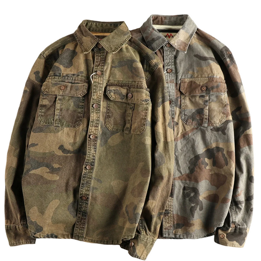 Vintage Khaki Camouflage Shirt Jacket For Men With Pocket Design