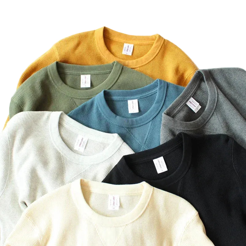Heavyweight Waffle Knit Long Sleeve Long John Style Cotton Jumper Shirt