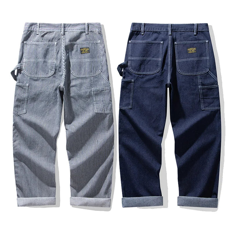 American Vintage Wabash Raw Denim Rail Worker Jeans - Americana Multi-Pocket Striped Work Pants / Outdoor Utility Trousers