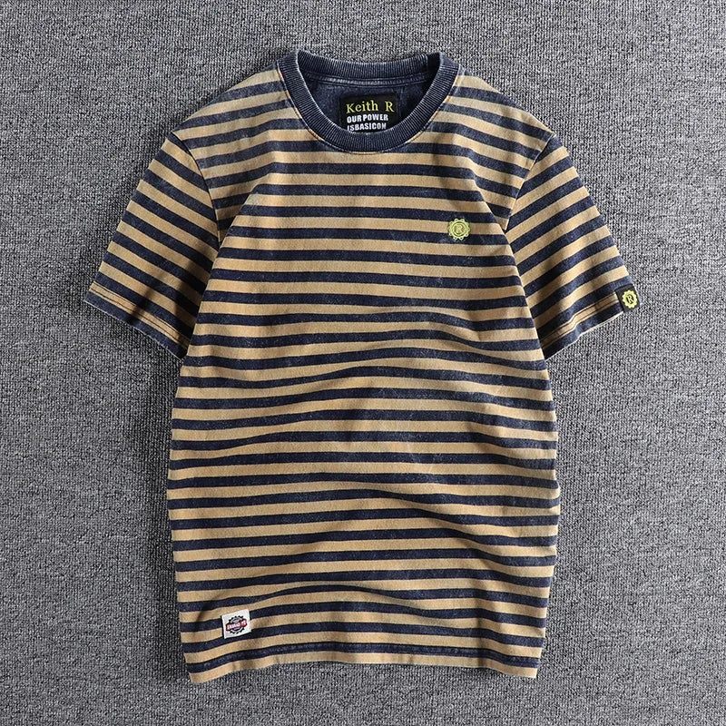 Japanese Retro Striped Cotton T Shirt For Men Slim Fit Round Neck Casual