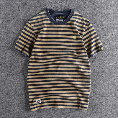 Japanese Retro Striped Cotton T Shirt For Men Slim Fit Round Neck Casual