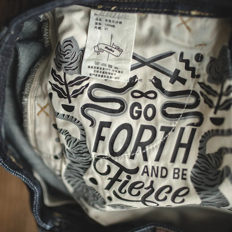 Vintage 14oz Selvedge Raw Denim Jeans Horsehair Leather Patch Straight Fit Jeans Men