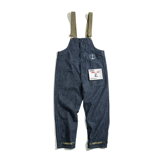 Men's Navy Blue Denim Overalls - Baggy Fit 100% Cotton Wide Leg