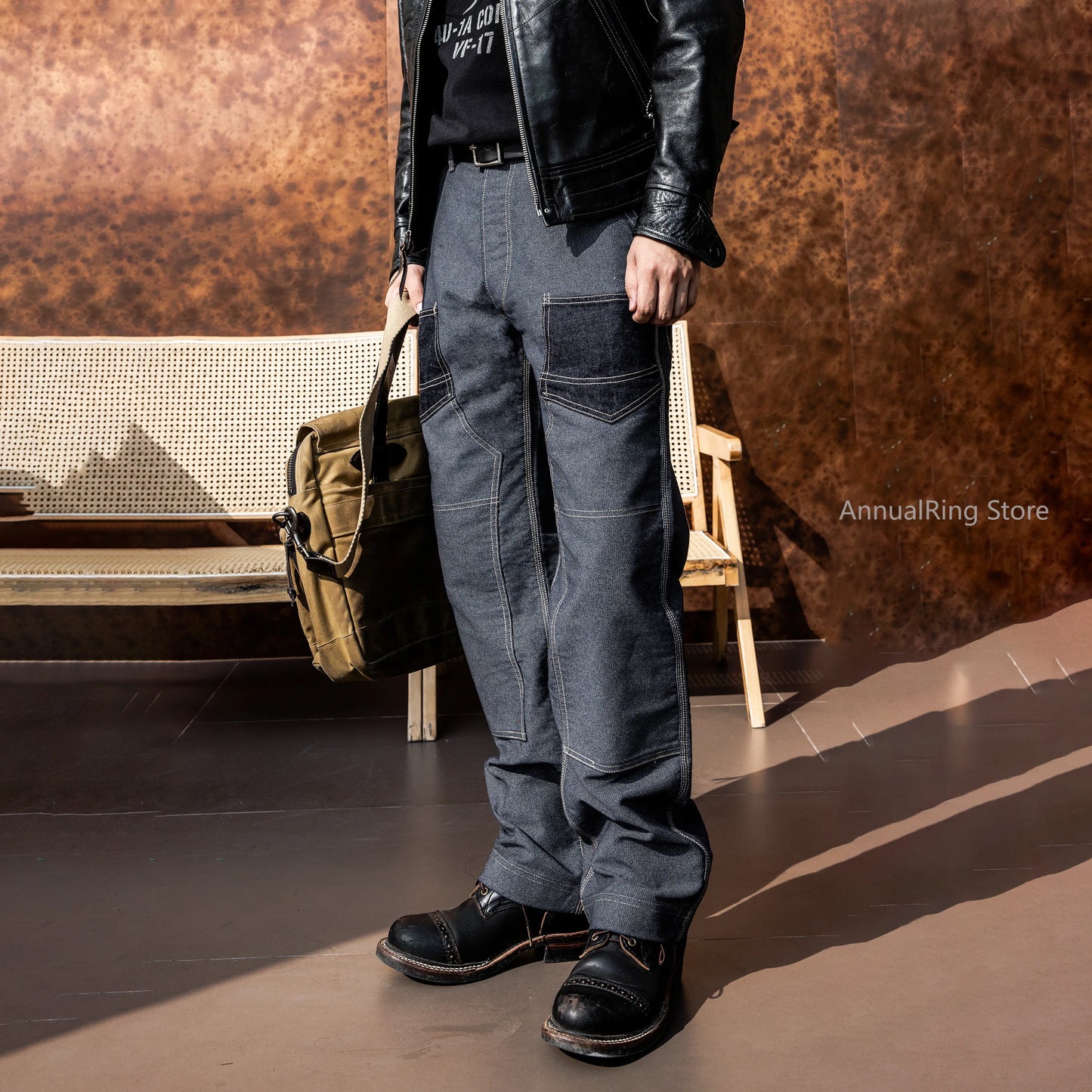 Retro Hickory Stripes Derrickman Work Pants - Loose Straight Leg