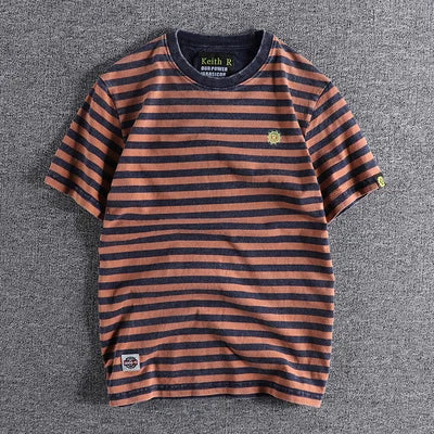Japanese Retro Striped Cotton T Shirt For Men Slim Fit Round Neck Casual