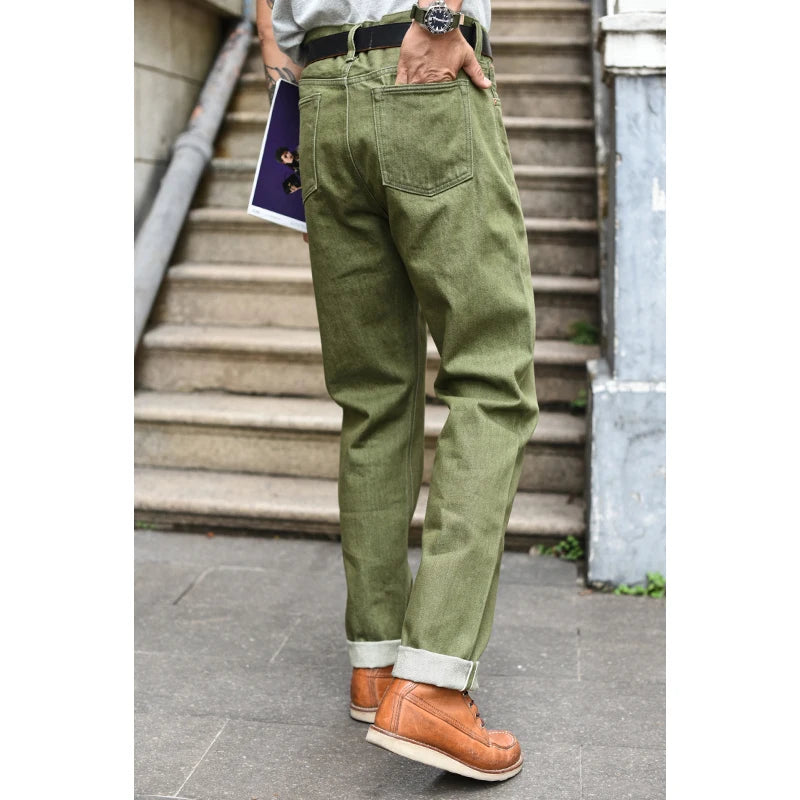 Men's Olive Green Selvedge Denim Jeans - Slim Fit 14 Oz