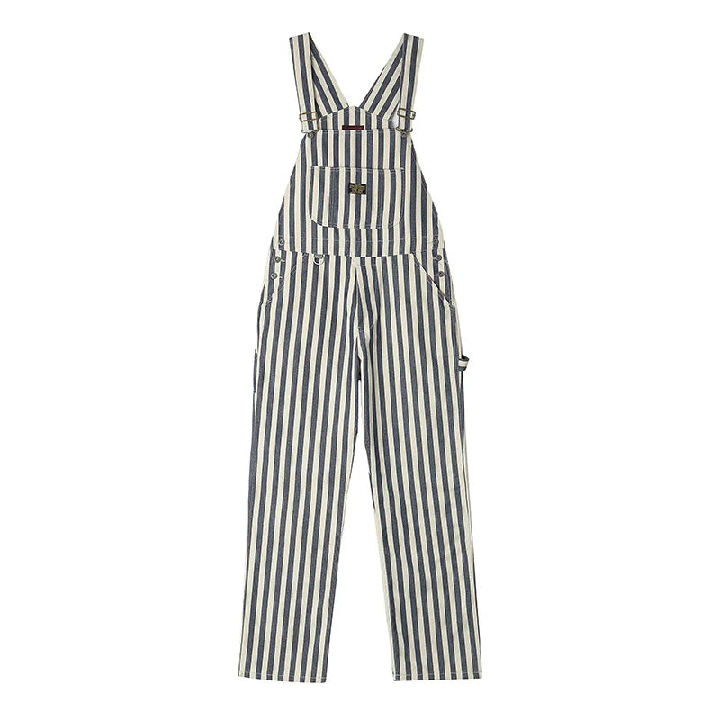 Vintage Men's American Retro Overalls Wabash Striped Bib Denim Jumpsuit 100% Cotton Pants Heavyweight