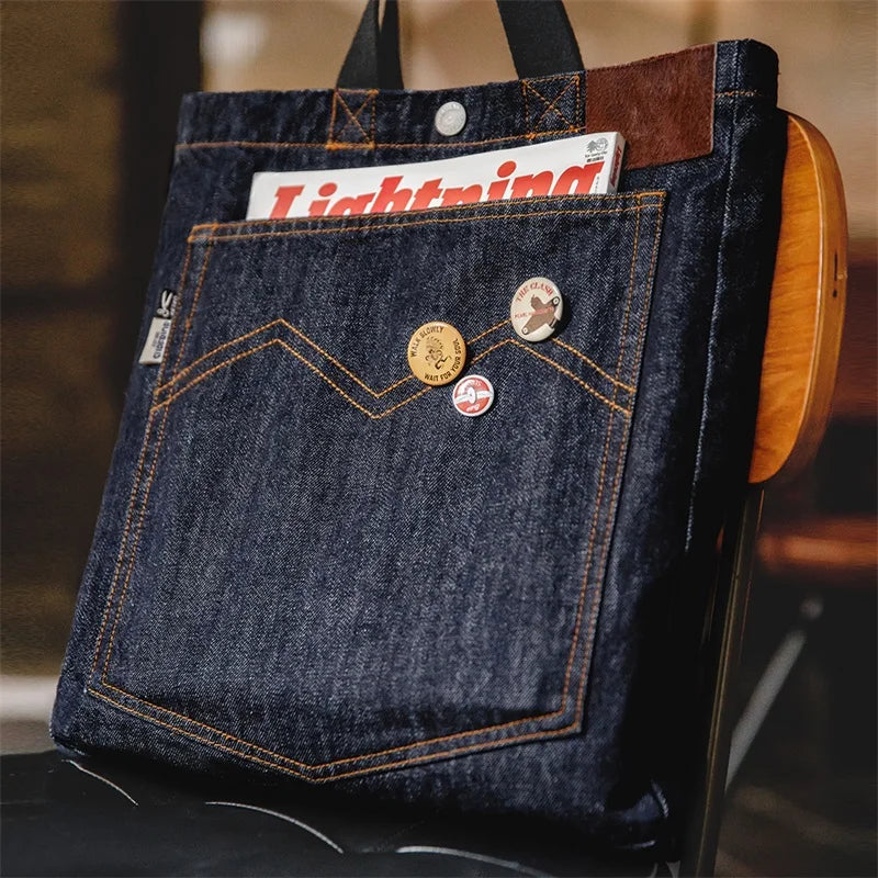 Unisex Retro 14oz Denim Bags Single Shoulder Crossbody Bags Embroidered Versatile Hand-held Tote Large Capacity Bags