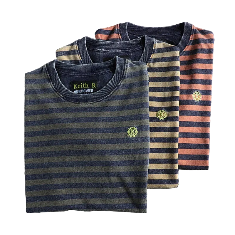 Japanese Retro Striped Cotton T Shirt For Men Slim Fit Round Neck Casual