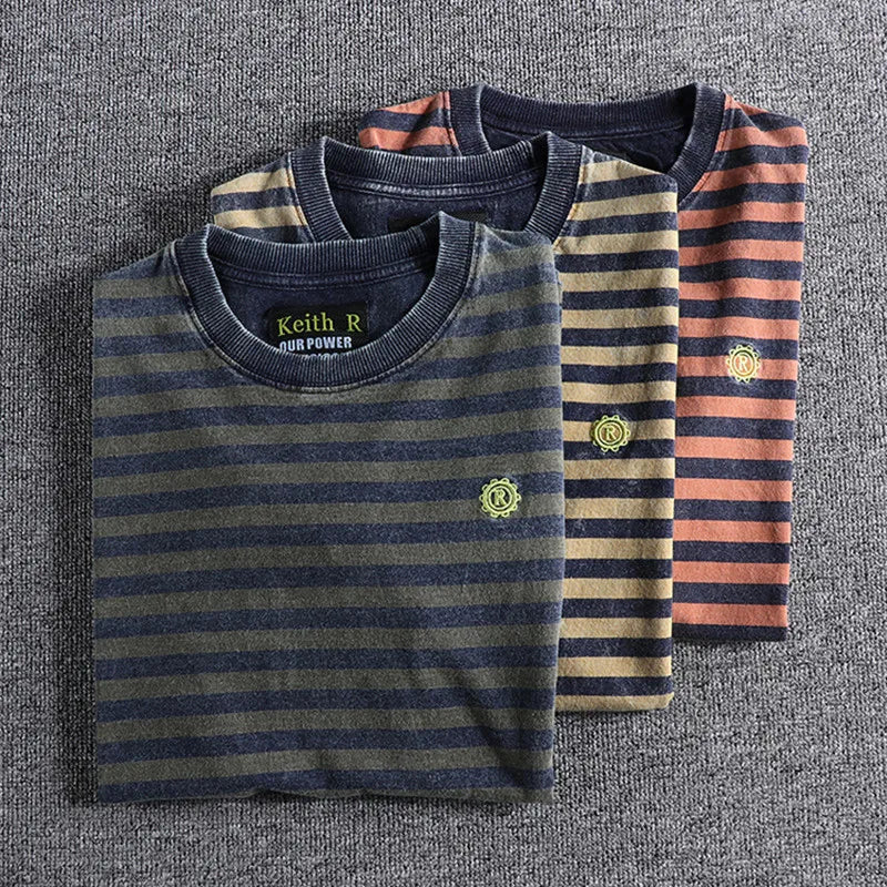 Japanese Retro Striped Cotton T Shirt For Men Slim Fit Round Neck Casual