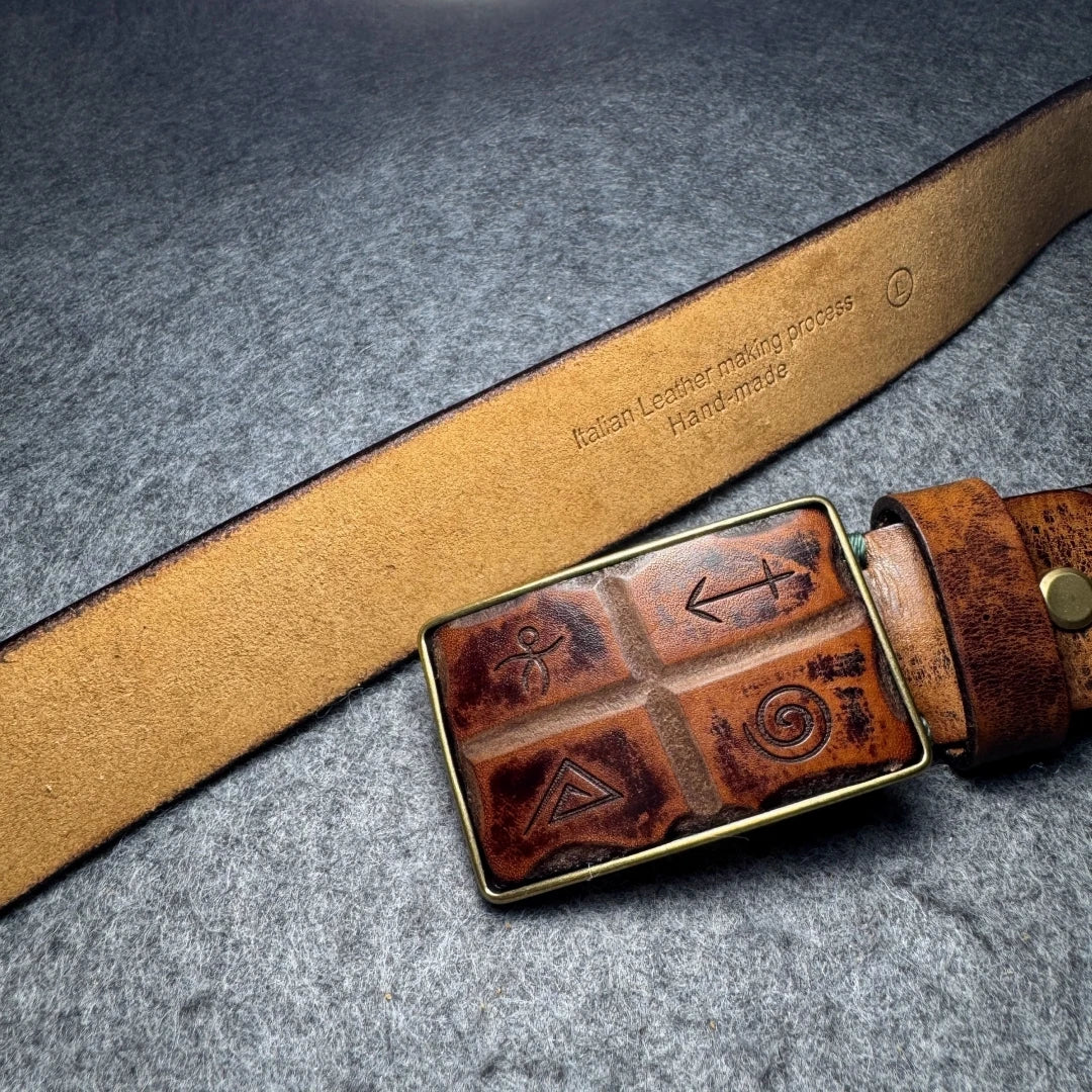 Men's Vintage Genuine Leather Belt - Copper Horseshoe Buckle - Thick Cowhide