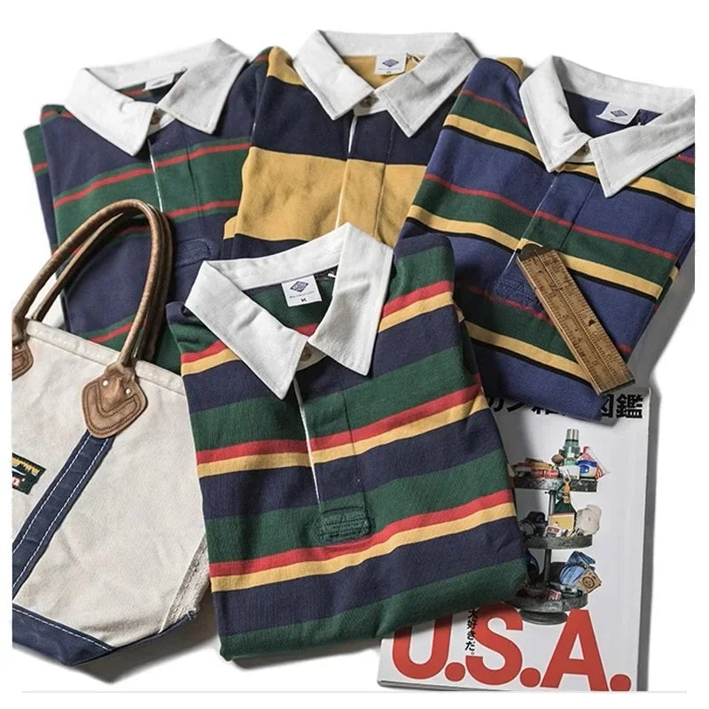 Ivy League Striped Long Sleeve Rugby Polo Shirt