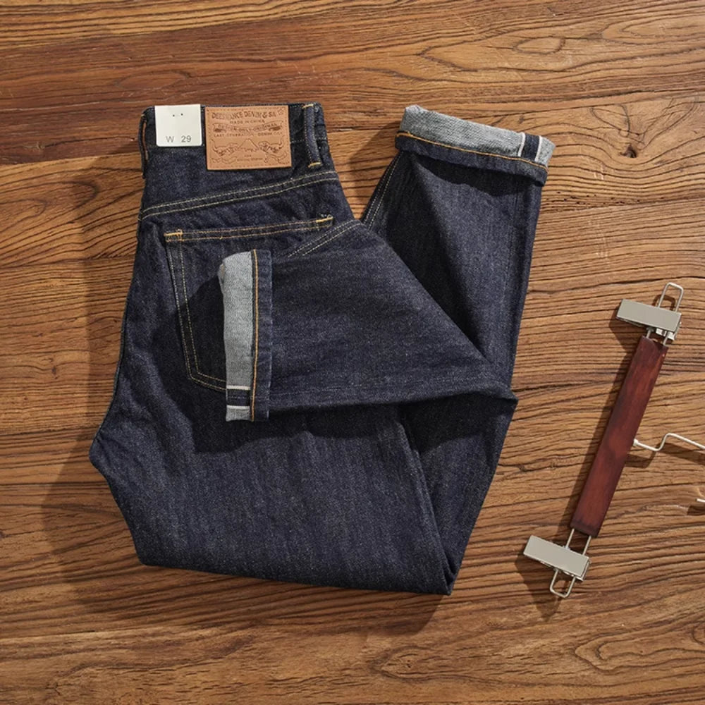 WASH Depulped Primary Color Raw Cloth Red Jeans Men's Japanese Retro High-End Straight Tube Micro Cone Long Pants