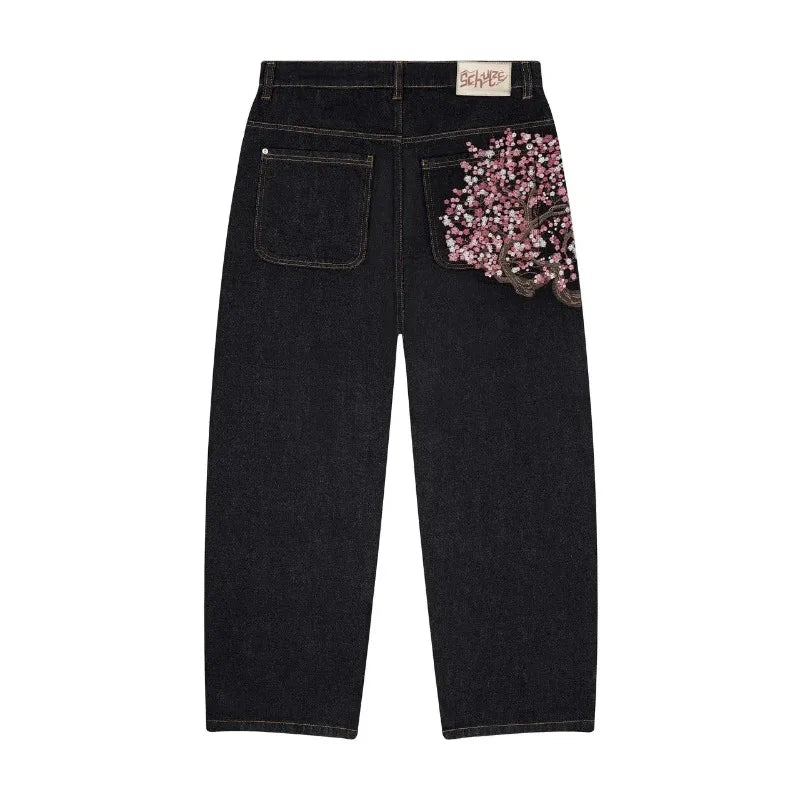 Baggy Jeans Cherry Blossom Selvedge Embroidery Denim Pants for Men and Women - American Streetwear Wide Leg Jeans
