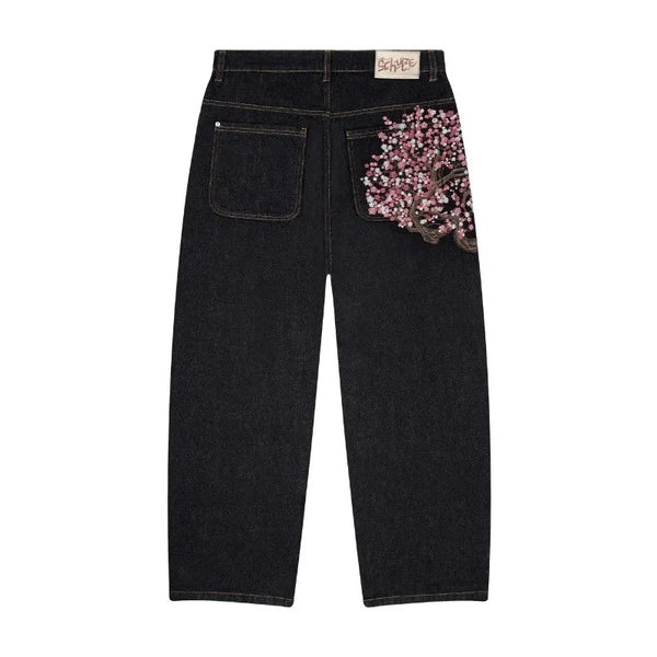 Baggy Jeans Cherry Blossom Selvedge Embroidery Denim Pants for Men and Women - American Streetwear Wide Leg Jeans