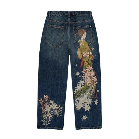 Embroidered Baggy Jeans - Selvedge Denim Pants