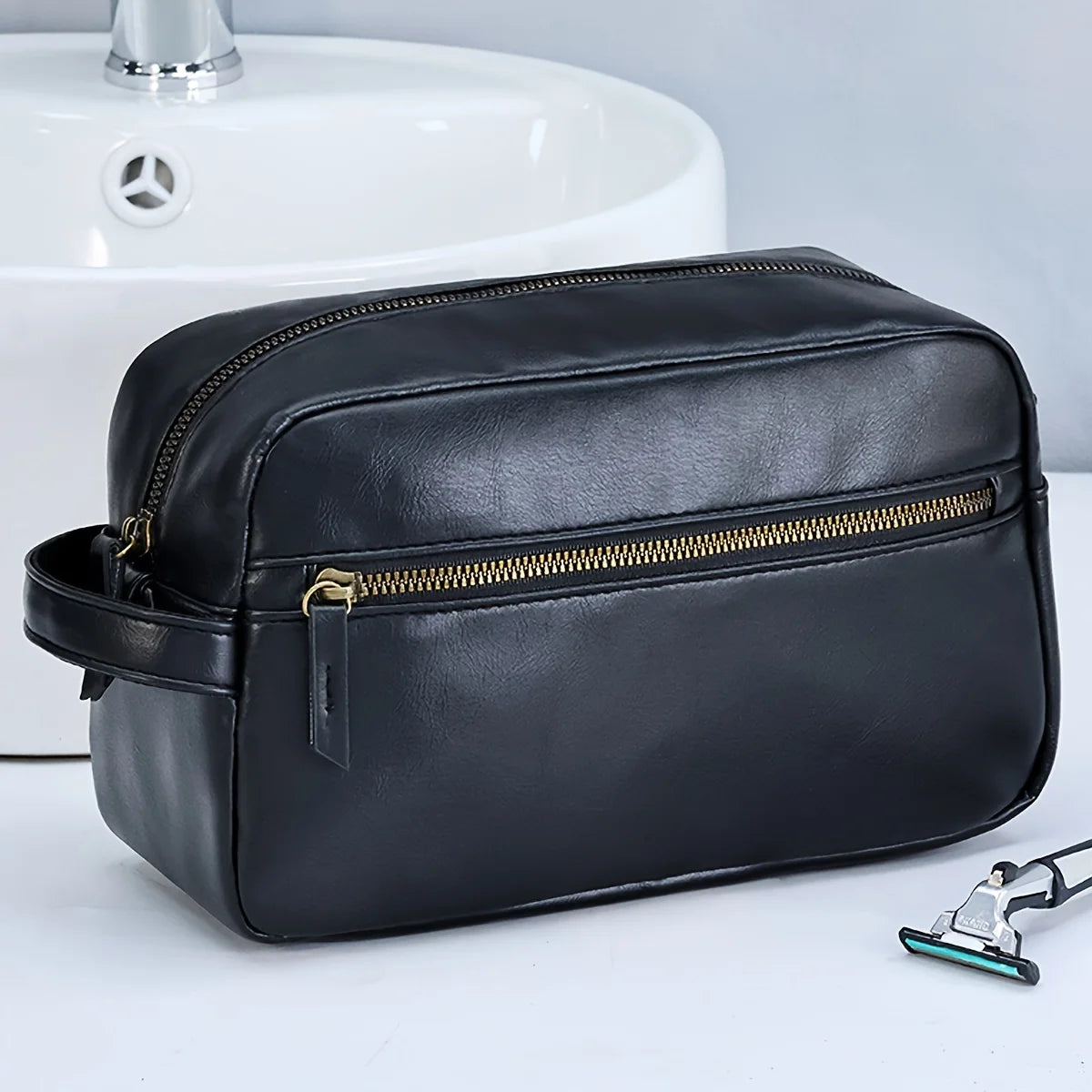 Men Travel Toiletry Bag Waterproof Leather Shaving Kit Organizer