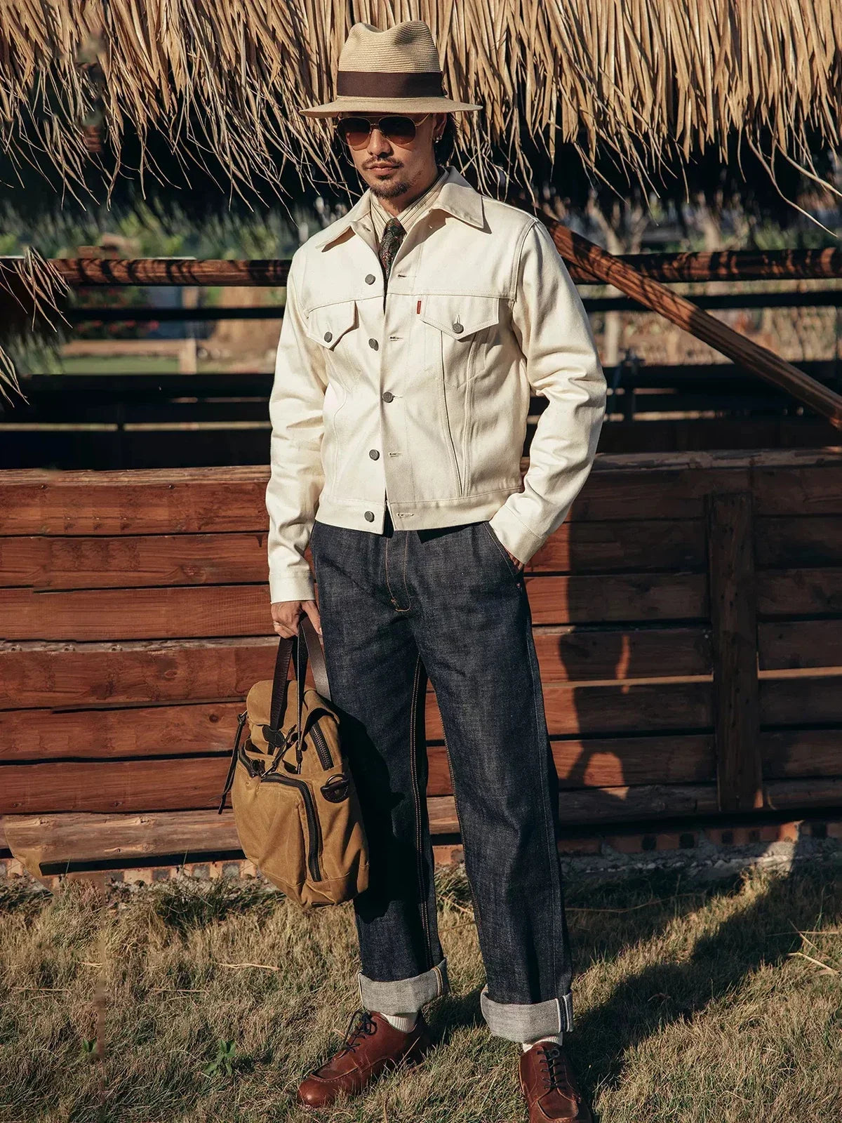 Trucker Jacket White Selvedge Denim Short Mens Outerwear Slim Fit