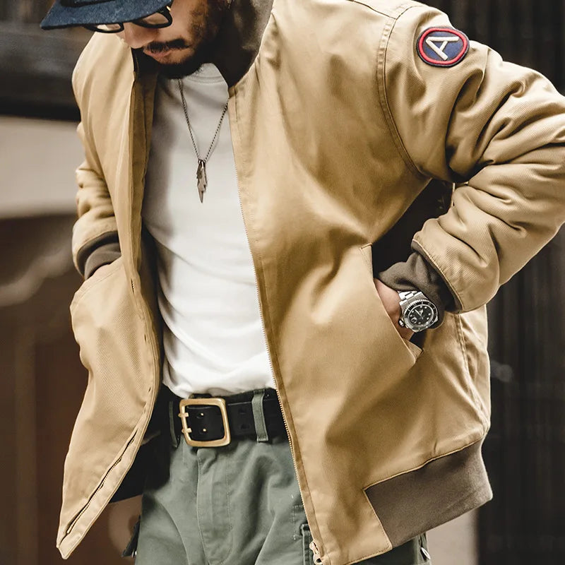 Men's Brown Flight Bomber Jacket Vintage Aviator Slim Fit Patches Stand Collar