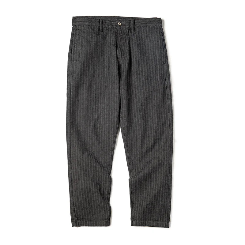 12.8oz Herringbone Grey Striped Denim Jeans Straight Fit