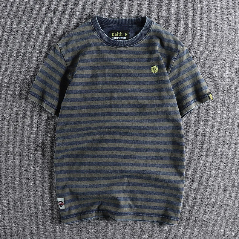 Japanese Retro Striped Cotton T Shirt For Men Slim Fit Round Neck Casual