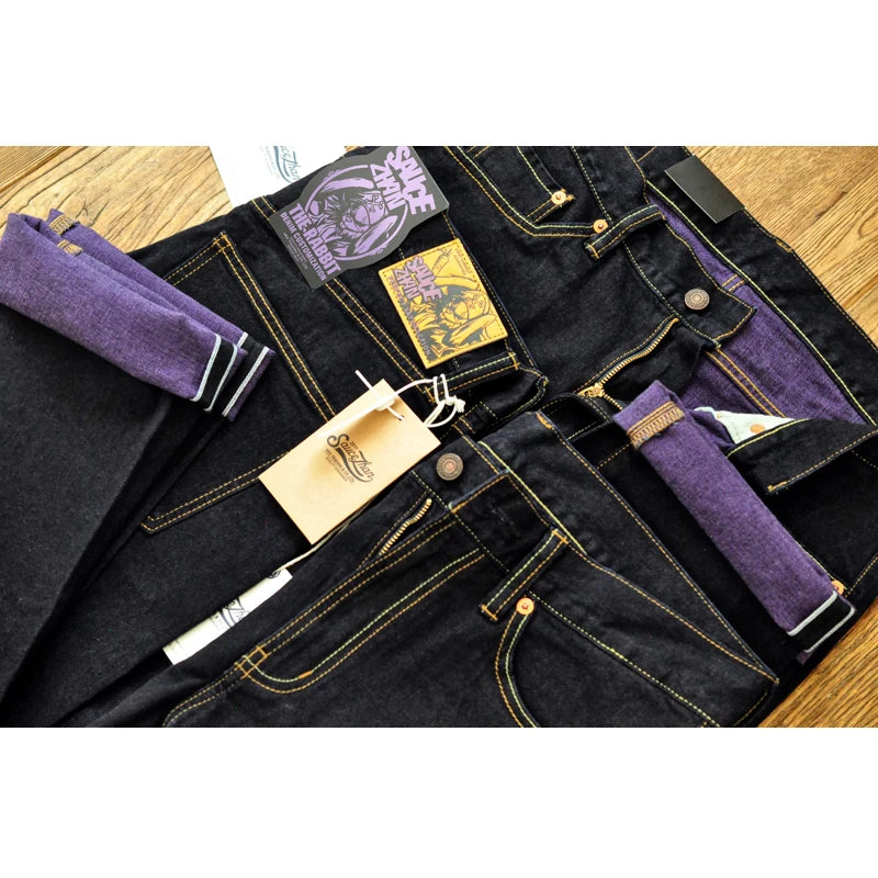 Men's Purple Lined Slim Fit  12.5 Oz Selvedge Jeans - Double-Sided Dyeing