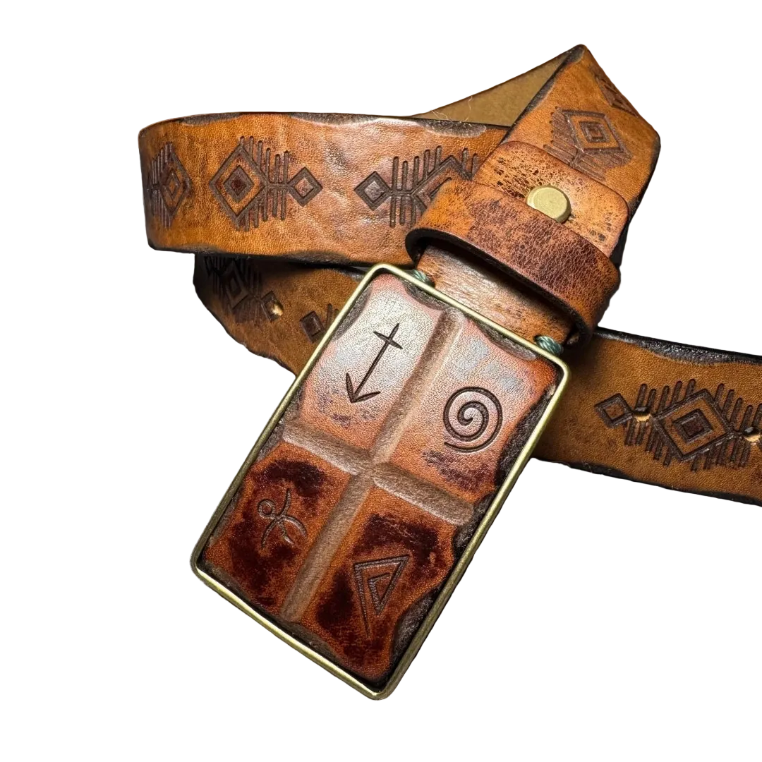 Men's Vintage Genuine Leather Belt - Copper Horseshoe Buckle - Thick Cowhide