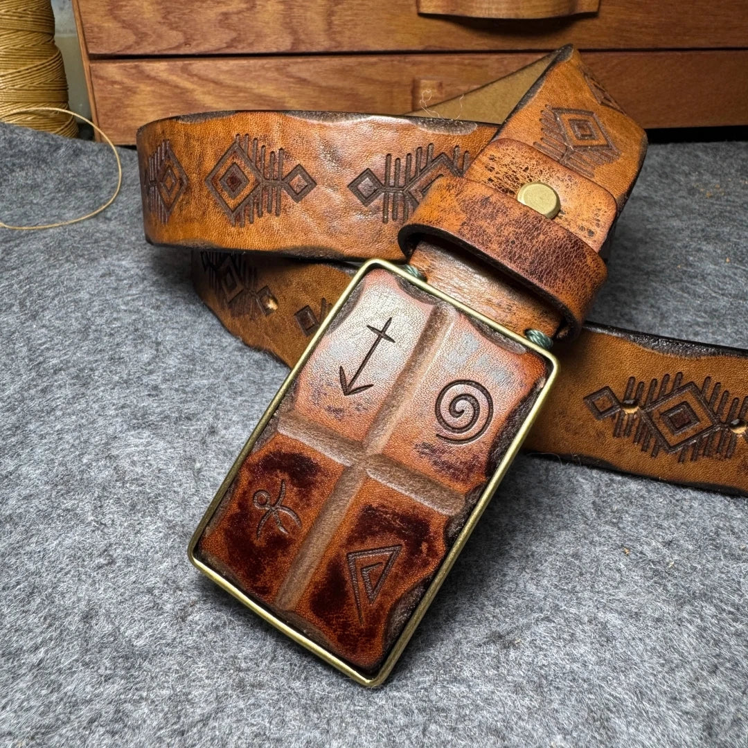 Men's Vintage Genuine Leather Belt - Copper Horseshoe Buckle - Thick Cowhide