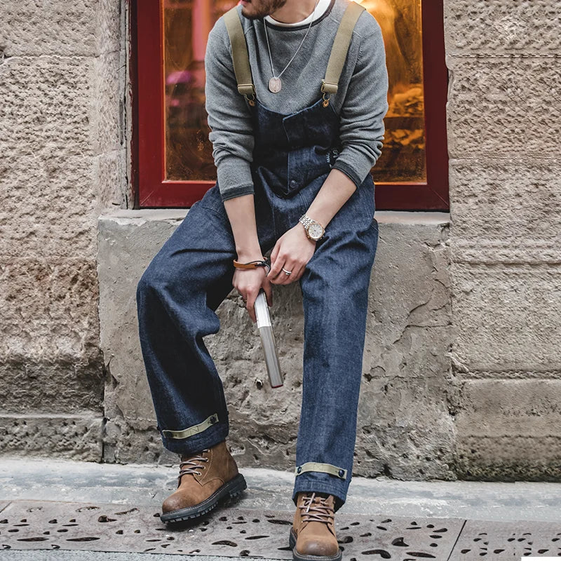 Men's Navy Blue Denim Overalls - Baggy Fit 100% Cotton Wide Leg