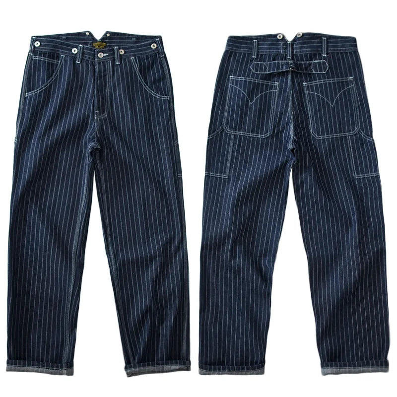 13.5oz Wabash Buckle Vintage Vertical Striped Raw Blue Denim Jeans Men Wide Leg Loose Straight Pants