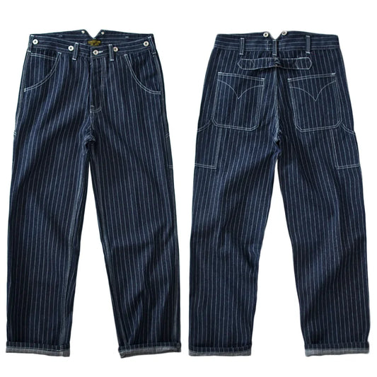 13.5oz Wabash Buckle Vintage Vertical Striped Raw Blue Denim Jeans Men Wide Leg Loose Straight Pants